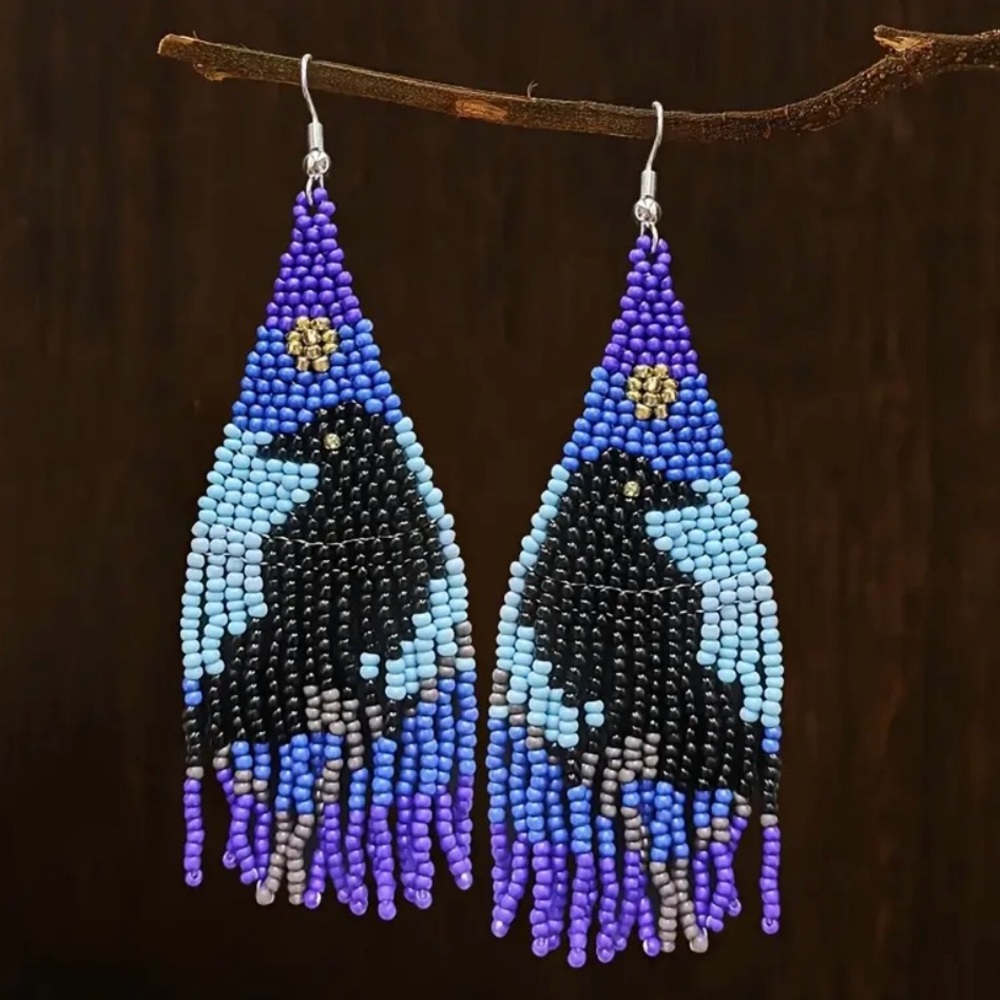 Handcrafted Beaded Crow Earrings - Blues and Purples